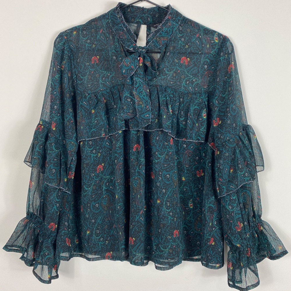Lucky Brand Dark Teal Paisley Ruffle Boho Peasant Blouse